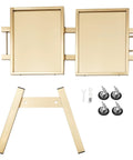 Two Tier Stainless Steel Rolling Cart With Wheels, Foldable Salon Tray Trolley parts overview, includes casters and tools.
