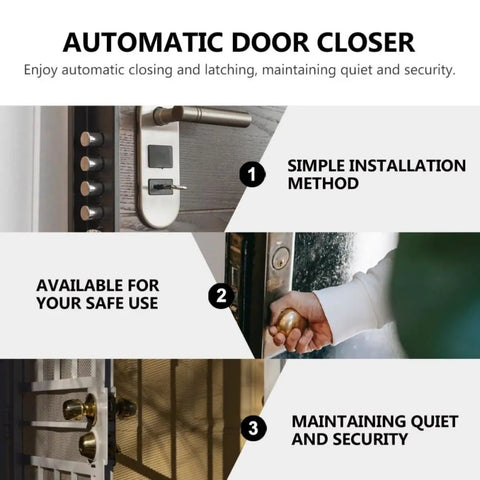 Heavy Duty Automatic Door Closer For Screen Door With Adjustable Closing Force, Stainless Steel And Nylon Construction, Quiet Self-Closing Gate Closer For Home Security infographic showing installation benefits.