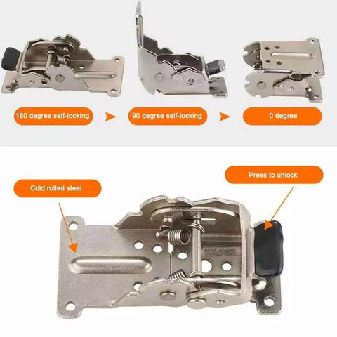 Self Locking Folding Hinge With 0 90 180 Degree Settings, Portable Locking Hinge showing hinge positions and materials.
