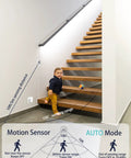 Motion Sensor LED Light Strip Kit With UL FCC Plug Adapter, Dimmer And Timer, installed under staircase lighting, 16.4ft Cold White.