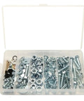Open box of Heavy Duty Flange Bolt Kit 120Pcs with nuts, screws, washers for furniture repair and assembly, durable corrosion resistant fasteners.