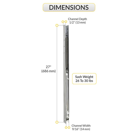 Aluminum Window Channel Balance 27 Inch Length Nine Sixteenths Inch Width One Half Inch Depth Supports 26 To 30 Lb Sash Weight For Sliding Windows Without Sash Guide Smooth Glide Heavy Duty Aluminum Finish dimensions diagram