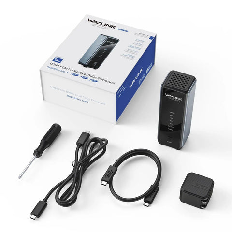Tool Free Dual Nvme Usb4 Enclosure Packing Killer 40Gbps Transfer Speeds For M Key Ssd Drives With No Fuss Offline Cloning and accessories.
