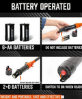 HORUSDY battery-powered portable fuel transfer pump; orange nozzle, handheld siphon; requires AA or D batteries.