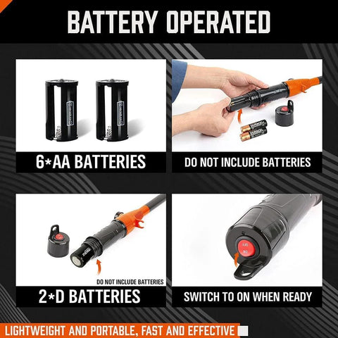 HORUSDY battery-powered portable fuel transfer pump; orange nozzle, handheld siphon; requires AA or D batteries.