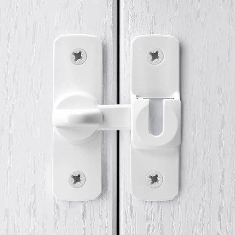 Heavy Duty Aluminum Gate Lock Plus Adjustable Barn Door Latch Featuring Smooth 90 To 180 Degree Swing For Real Deal Home Security Cabinet Catch And Tight Shed Hardware, white latch on wooden door.