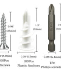 Heavy Duty Drywall Anchors And Screws Kit with 1" screws, plastic anchors, and PH2 bit for no pre drill wall mounts
