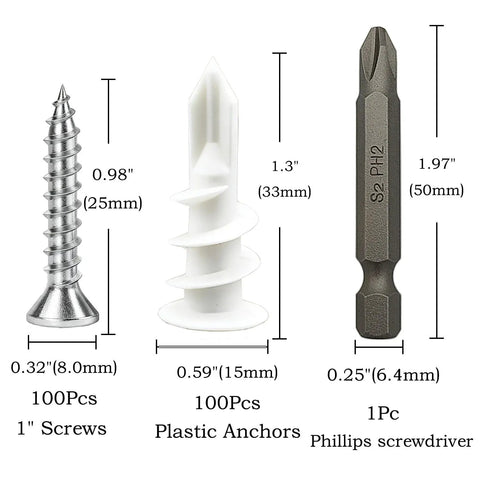 Heavy Duty Drywall Anchors And Screws Kit with 1" screws, plastic anchors, and PH2 bit for no pre drill wall mounts