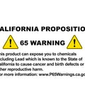 California Proposition 65 Warning label about chemical exposure risks, including lead, with website link for more information.