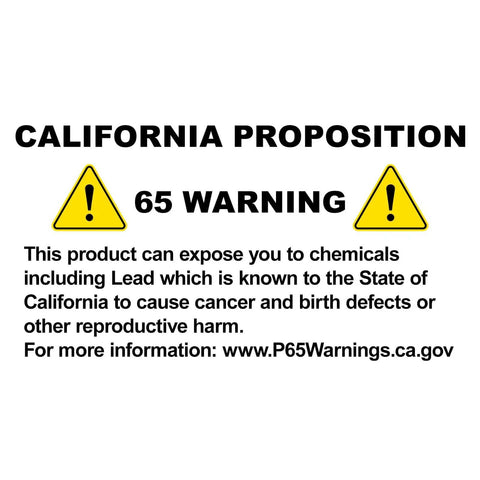 California Proposition 65 Warning label about chemical exposure risks, including lead, with website link for more information.