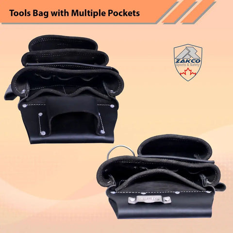 Pro Style Leather Tool Rig For Framers And Handymen With 2 Pouches And Hammer Holder Heavy Duty Construction Belt Black
