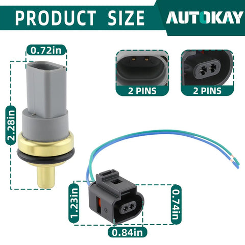 Premium Grade Engine Coolant Temp Sensor Replacement OEM 06A919501 with size details and 2-pin connector.