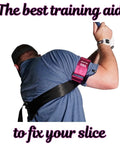 Golfer using TRS Slider Golf Swing Trainer to boost your distance and accuracy, showing arm connection strap in use.