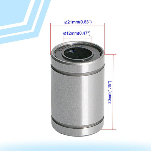 Heavy Duty Double Shielded Linear Motion Ball Bearing 12 mm Id 21 mm Od Lm12Uu Sae52100 Carbon Steel with dimensions displayed.