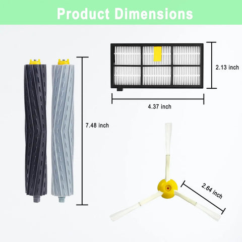 Product dimensions for 18 Pack Replacement Parts for Roomba 800 and 900 Series Vacuum Cleaners, including rollers, filter, side brush