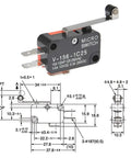Six Pack V 156 1C25 Micro Limit Switches With Hinge Roller, technical diagram, momentary SPDT, Arduino DIY machinery component