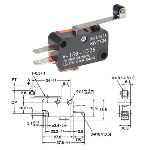 Six Pack V 156 1C25 Micro Limit Switches With Hinge Roller, technical diagram, momentary SPDT, Arduino DIY machinery component