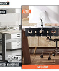 Before and after comparison of Two Pack 15.75 Inch Under Desk Cable Management Tray Set installation, showing cluttered vs. organized desk cables.