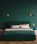 Bedroom with dark green peel and stick wallpaper roll 15.7 inch by 748 inch self adhesive removable vinyl for renters.