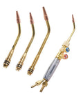 Pro Grade Heavy Duty Brass Welding Cutting Heating Torch Kit 4 Piece Set With Check Valves Cuts Up To Three Quarters Inch Includes Welding Torch Cutting Head And Eight Heating Nozzles For Metal Fabrication And Auto Repair Projects, showing nozzles and cutting head