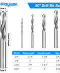 Front view of four-piece tungsten carbide drill bit set for metal; sizes 1/4 in, 1/8 in, 1/16 in, 3/16 in Amazon brand