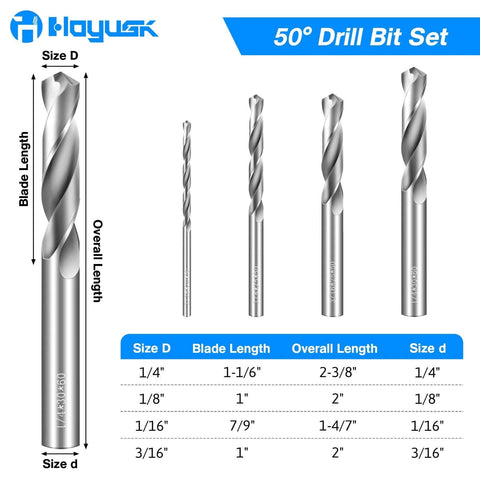 Front view of four-piece tungsten carbide drill bit set for metal; sizes 1/4 in, 1/8 in, 1/16 in, 3/16 in Amazon brand