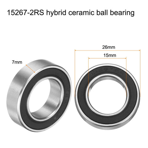 Two 15x26x7 mm hybrid ceramic deep groove ball bearings with Si3N4 balls, steel rings, double seals.