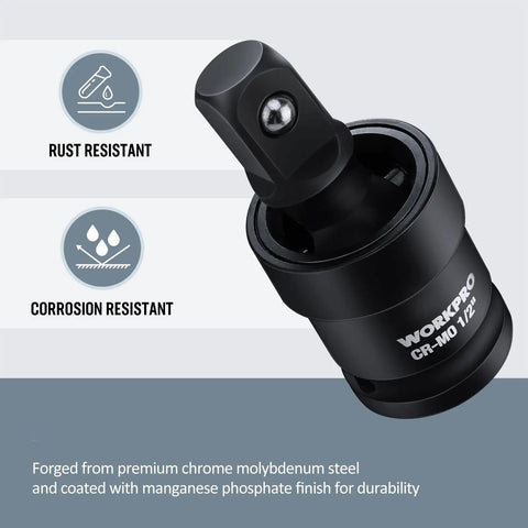 Impact Universal Joint Socket Set, Three Piece Drive Sockets One Half Inch, showing rust and corrosion resistance features.