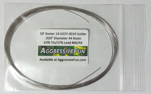 Close-up of Rosin Core Solder 63/37 Alloy .020 Inch Diameter, packaged in a clear bag, showing the label details.