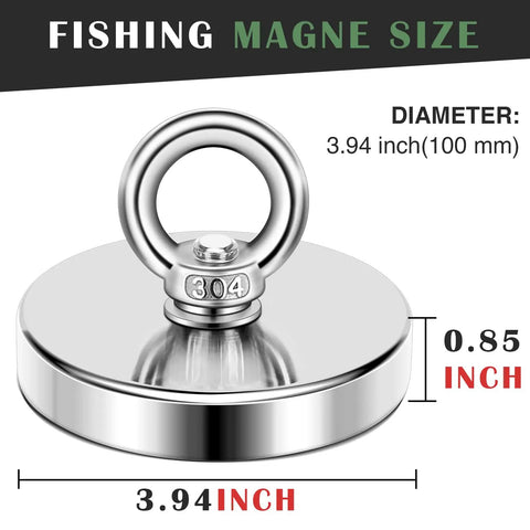Ultra Strong Neodymium Fishing Magnet 1200 Lbs Pulling Power Three Point Nine Four Inch Diameter with Countersunk Hole Eyebolt