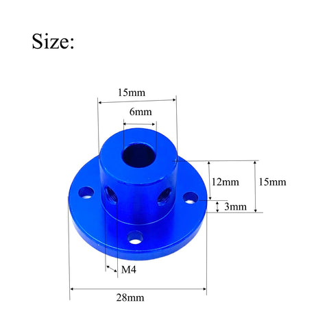Blue aluminum flange shaft coupling with 6mm bore and grub screws, front view