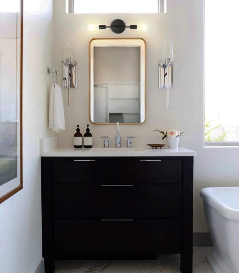 Industrial Black Vanity Light Fixtures For Bathroom Hardwired Farmhouse Wall Sconce in modern bathroom setting