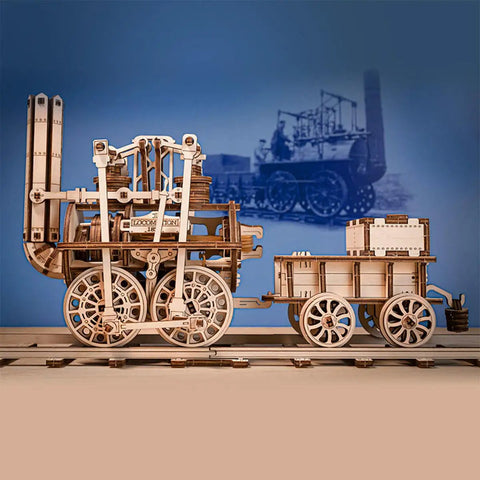 3D Steam Train Model Kit For Adults And Teens DIY Wood Puzzle Set With Vintage Locomotive No 1 Design Educational STEM Toy Collectors Display Birch Wood Construction 325 Piece Build assembled birch wood steam locomotive and tender on track