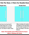 Diagram showing stainless steel sliding door handle for glass and shower doors on single and double doors, includes installation notes.