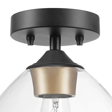 Close-up of Harrow 1 Light Semi-Flush Mount Ceiling Light with matte black finish, gold accent socket, clear glass shade.
