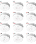 Hardwired Interconnected Smoke Detector 12 Pack With 9V Battery Backup And 120V AC Home Safety Alarm System, showing front and side views.