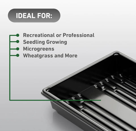 10x20 Inch Black Plastic Propagation Trays 10 Pack For Plant Propagation Seedlings Microgreens Soil And Hydroponics No Drain Holes Durable Garden Trays Built For DIY Growers with ideal uses listed.