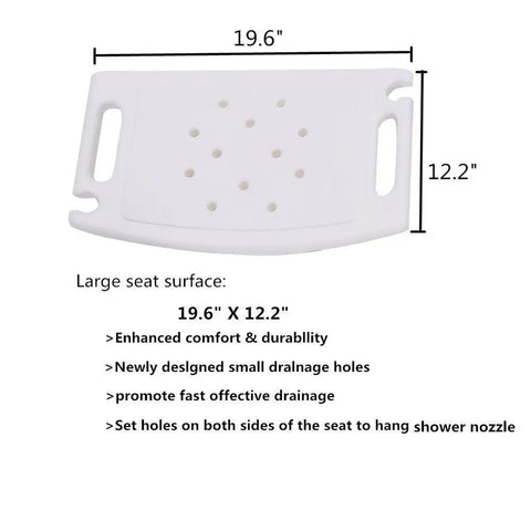 Wall Mounted Shower Chair With Easy Fold Away Design With 19.6x12.2 inch seat showing drainage holes and shower nozzle slots.