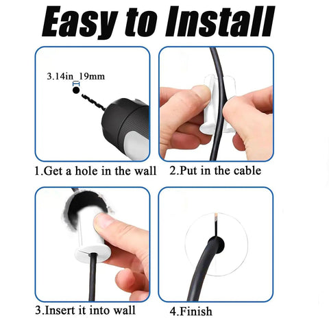 Top Shelf 6 Pack White Silicone Wall Grommets For Starlink Cable Management installation steps showing cable insertion process.