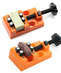 Legit Tight Grip Mini Table Vise With Quick Release ABS Plastic Jaws Compact Drill Press Clamping Bench For Tiny Parts Electronics Jewelry Craft And Precision Model Projects showing clamping of rods and small parts.