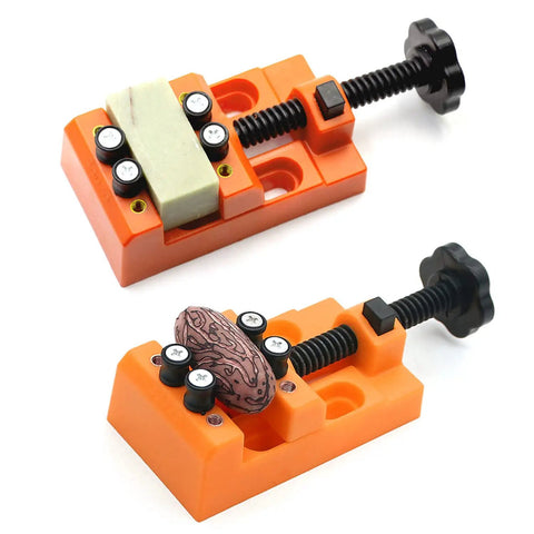Legit Tight Grip Mini Table Vise With Quick Release ABS Plastic Jaws Compact Drill Press Clamping Bench For Tiny Parts Electronics Jewelry Craft And Precision Model Projects showing clamping of rods and small parts.
