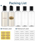 Packing list of TSA Approved Travel Bottles 3.4 Oz On The Go Friendly 5 Pack Leak Proof Squeezable Clear Plastic Containers With Labels.