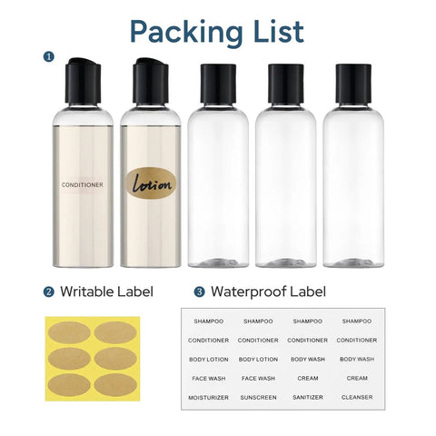 Packing list of TSA Approved Travel Bottles 3.4 Oz On The Go Friendly 5 Pack Leak Proof Squeezable Clear Plastic Containers With Labels.