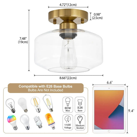 Modern Gold Brass Finish Ceiling Light Fixture Semi Flush Mount With 8.66 Inch Clear Glass Shade and E26 bulb compatibility