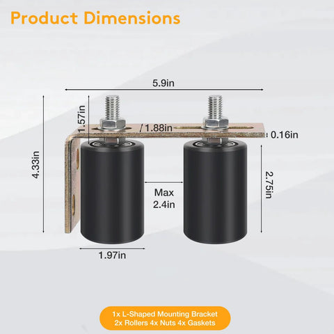 Universal Adjustable Heavy Duty Sliding Gate Rollers Kit with L Shaped Brackets for dimensions and components.