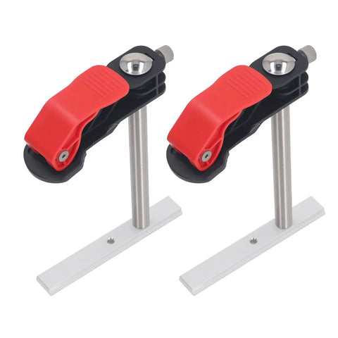 Two Piece Stainless Steel Hold Down Clamps Featuring Slick Quick Release Lever For Bench Dog Tslot Rack, side view with red levers.