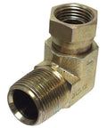 Side view of brass 1/2 in male NPT to 1/2 in female NPT 90° pipe adapter.