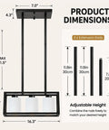 Diagram showing dimensions of ROCUNSI 3-Light Black Kitchen Island Lighting with adjustable height and extension rods.