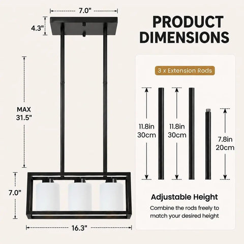 Diagram showing dimensions of ROCUNSI 3-Light Black Kitchen Island Lighting with adjustable height and extension rods.