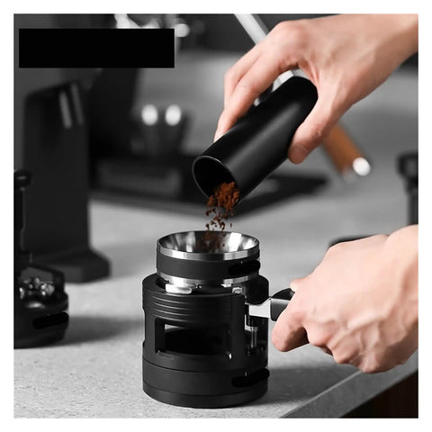 58mm WDT Needle Tool Coffee Distributor Complete Toolkit With Adjustable Dosing Ring And Premium Barista Leveler espresso prep with ground coffee.